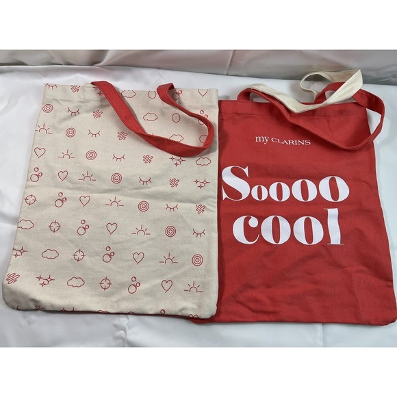 2 of CLARINS Cotton Canvas "Soooo Cool" Reusable Coral & Cream 13"x15" Tote Bag - Picture 3 of 5